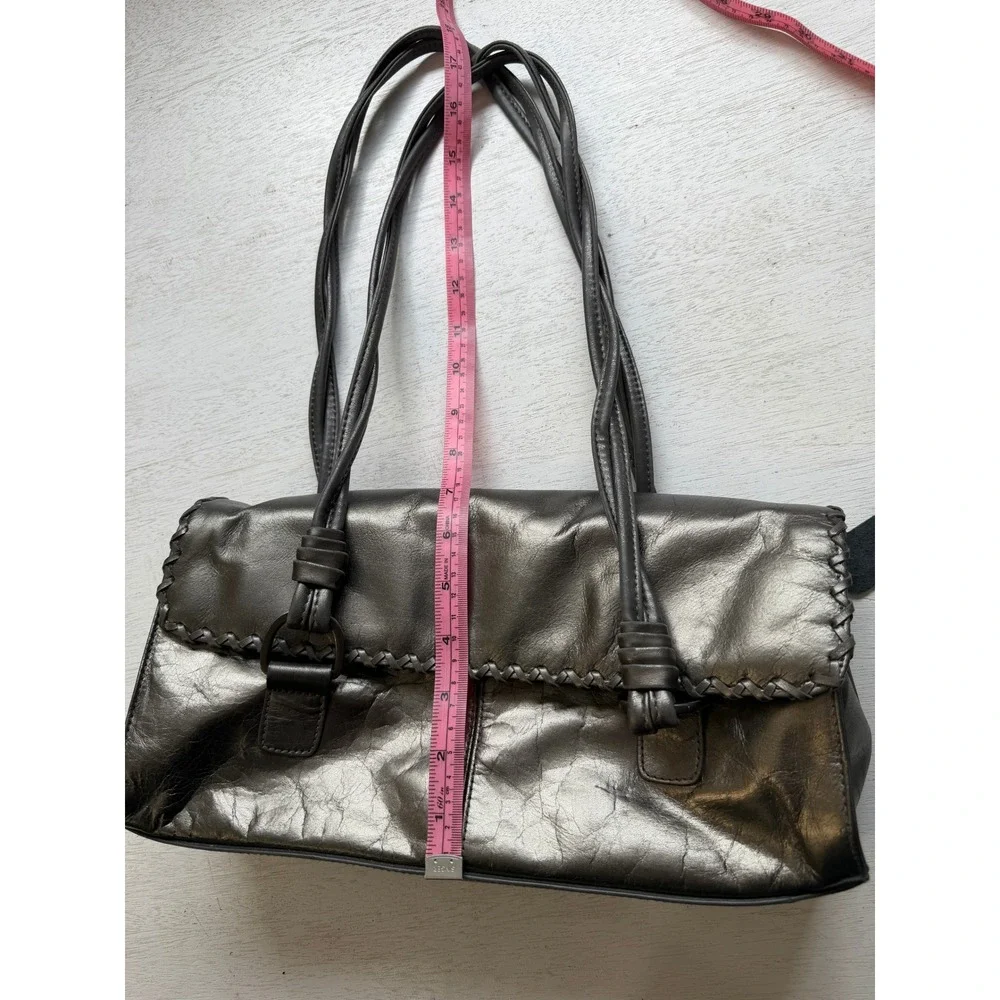 Worthington Metallic Pewter Leather‎ Shoulder Bag Whipstitch Flap Handbag Grey
